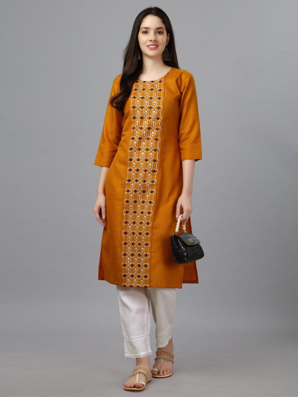 Mustard Yellow Coloured Pure Cotton with Embroidery work Women Designer Daily wear Kurti!!