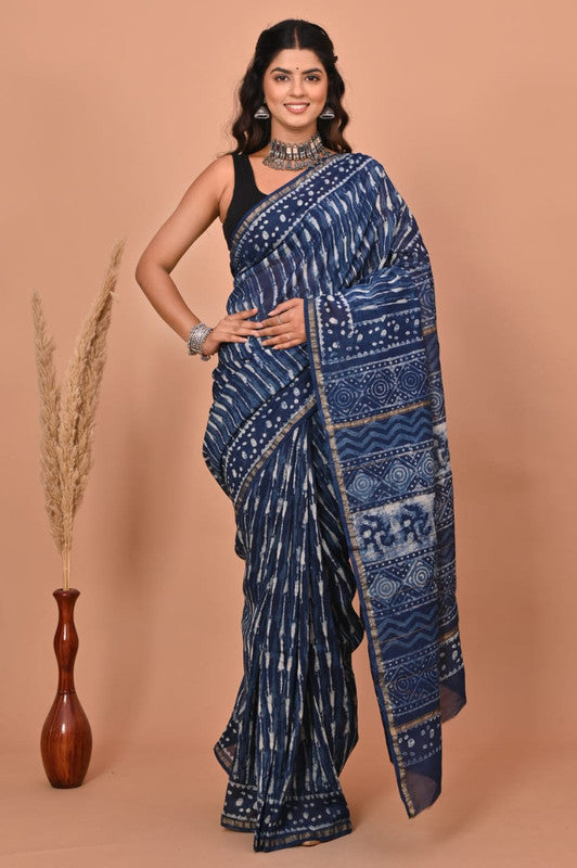 Navy Blue & Off White Coloured Hand Block Printed Women Designer Party wear Chanderi Cotton Silk Saree with Runnin Blouse!!