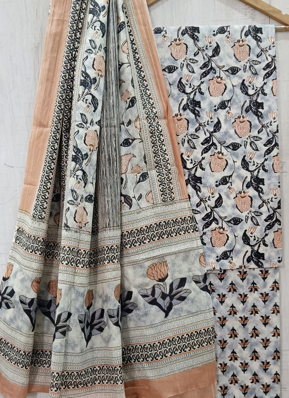 White & Orange Coloured Unstitched Pure Cotton Hand Block Printed Women Party/Daily wear Dress Material Suit- Top with Bottom & Cotton Dupatta!!