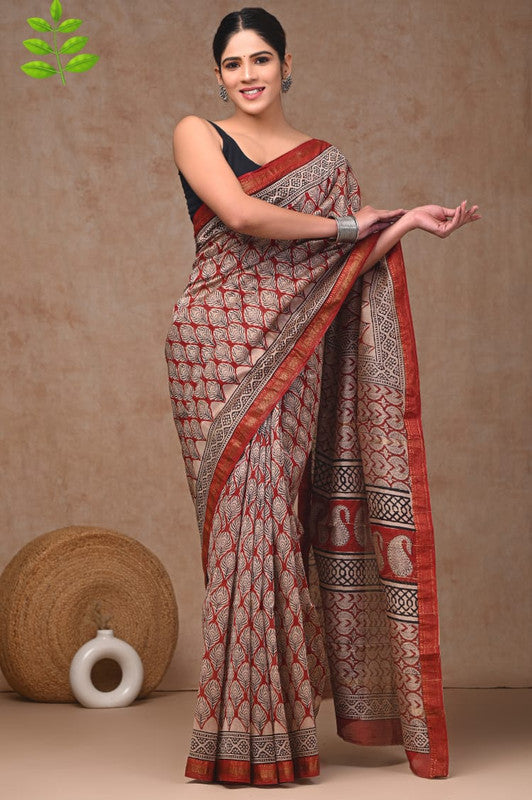 Red & Multi Coloured Hand Block Printed Women Designer Party wear Maheshwari Cotton Silk Saree with Runnin Blouse!!