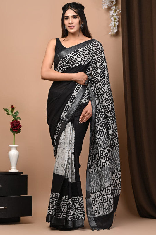 Latest Attractive Beautiful Designer Hand Block Print Linen Saree