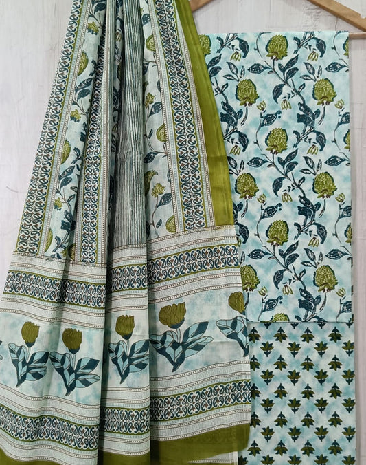 Multi & Green Coloured Unstitched Pure Cotton Hand Block Printed Women Party/Daily wear Dress Material Suit- Top with Bottom & Cotton Dupatta!!