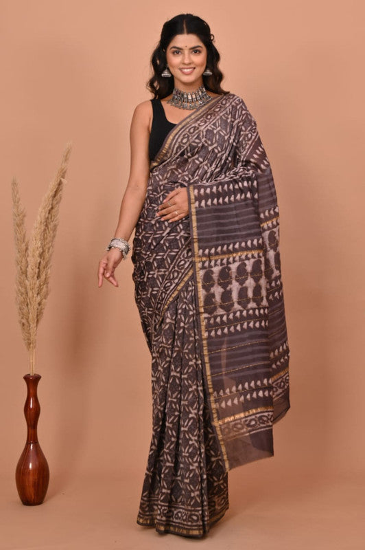 Brown & Off White Coloured Hand Block Printed Women Designer Party wear Chanderi Cotton Silk Saree with Runnin Blouse!!