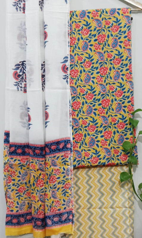 Multi & White Coloured Unstitched Pure Cotton Hand Block Printed Women Party/Daily wear Dress Material Suit- Top with Bottom & Cotton Dupatta!!