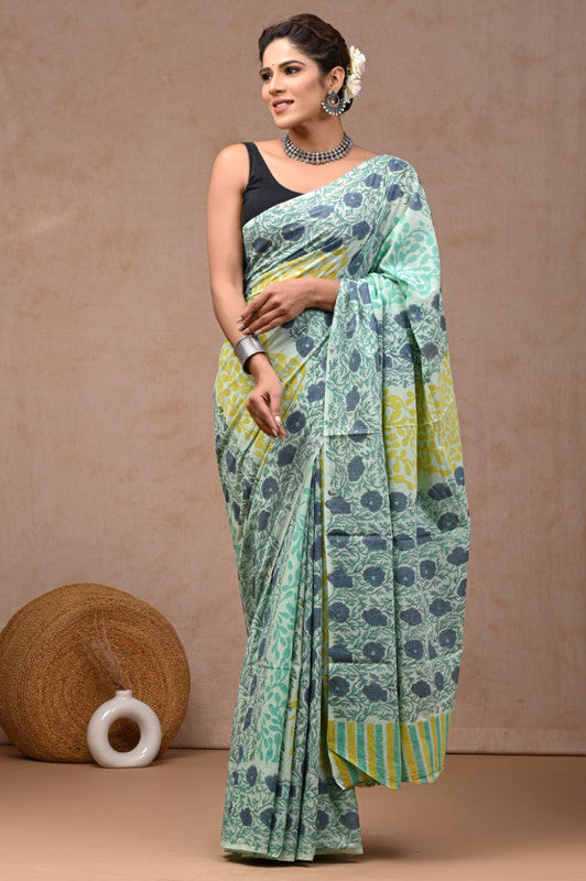 Green & Multi Coloured Hand Block Bagru, Dabu & Batik Dye Print Women Designer Party wear Pure Cotton Saree with Runnin Blouse!!