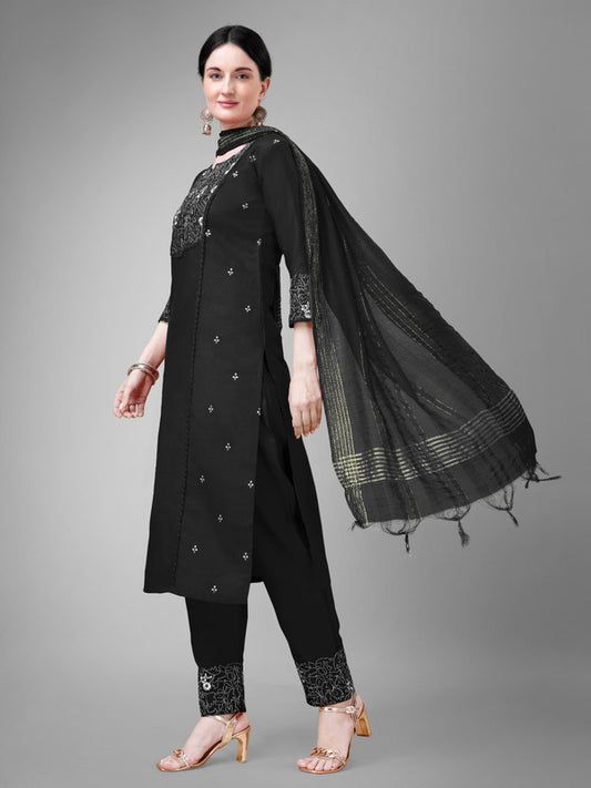 Black Coloured With Embroidery & Fancy Lace Work Women Designer Party/Casual wear Cotton Kurti with Pant & Dupatta!!