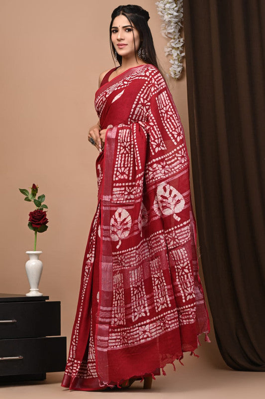 Latest Attractive Beautiful Designer Hand Block Print Linen Saree