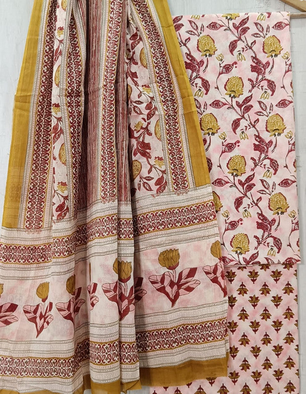 Pink & Mustard Yellow Coloured Unstitched Pure Cotton Hand Block Printed Women Party/Daily wear Dress Material Suit- Top with Bottom & Cotton Dupatta!!