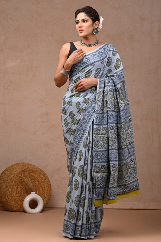 Blue & Multi Coloured Hand Block Bagru, Dabu & Batik Dye Print Women Designer Party wear Pure Cotton Saree with Runnin Blouse!!