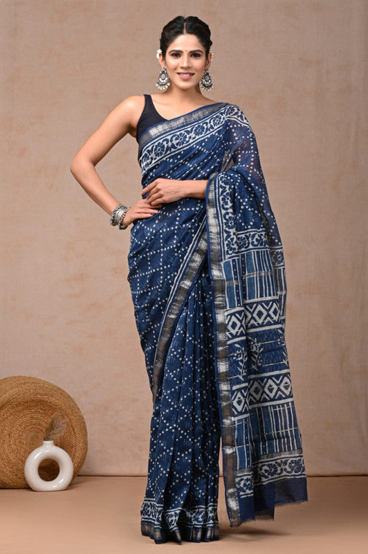 Blue & White Coloured Hand Block Printed Women Designer Party wear Maheshwari Cotton Silk Saree with Runnin Blouse!!