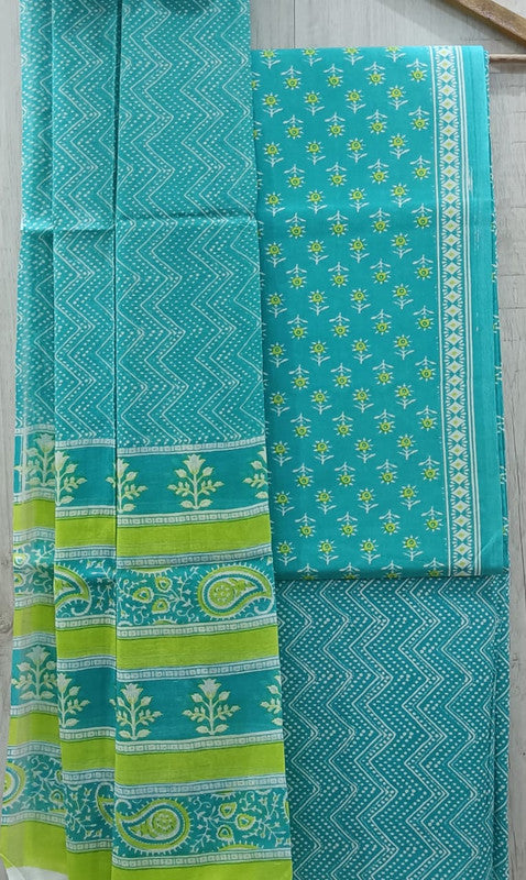 Aqua Blue & Multi Coloured Unstitched Pure Cotton Hand Block Printed Women Party/Daily wear Dress Material Suit- Top with Bottom & Cotton Dupatta!!