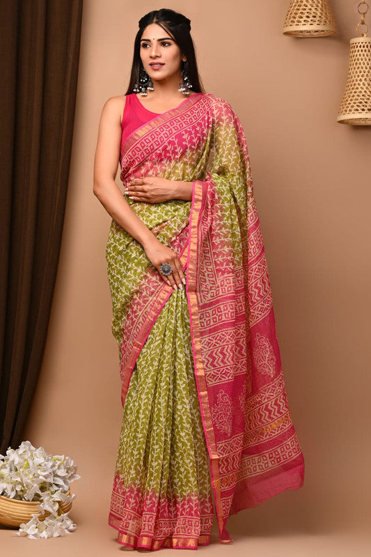 Mehendi Green & Pink Coloured Beautiful Hand Block printed Women Daily/Party wear Kota Doriya Cotton Saree with Blouse!!