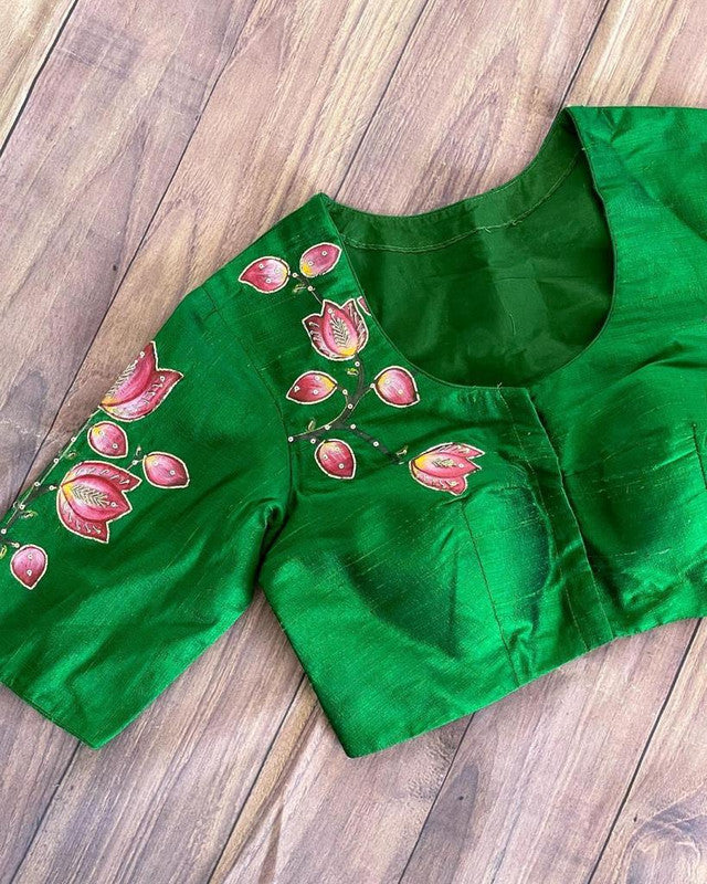 Green Ready made Blouse - Pure Silk with Hand print& Antique Handcrafted work !!