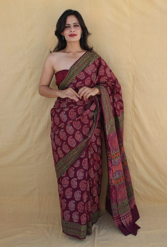 Maroon & Multi Coloured Beautiful Hand Block printed Women Daily/Party wear Pure Cotton Saree with Blouse!!