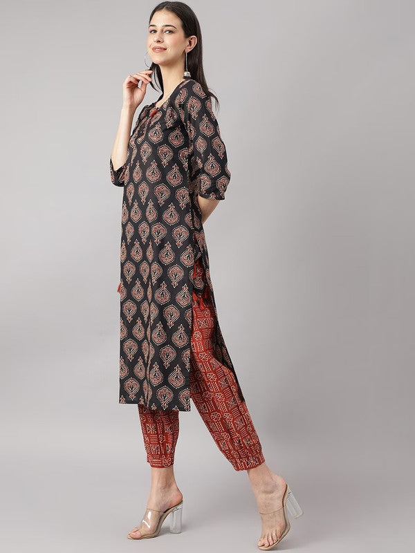 Black & Maroon Coloured Pure Cotton Ethnic Motif Floral Printed Straight Shape Women Designer Party/Daily wear Kurti with Salwar!!