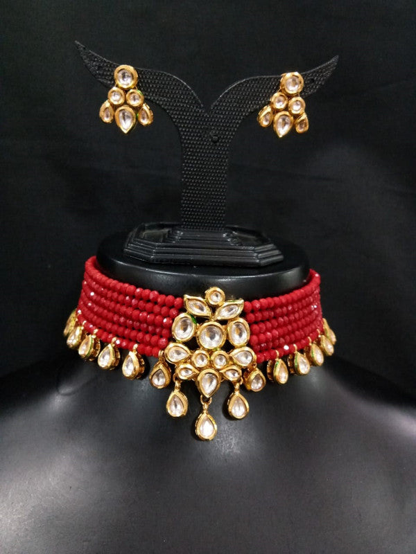 Red & Gold Coloured Pure Brass Real Kundan Gold Plating Meenakari work Women Designer Choker Jewellery set with Earrings!!