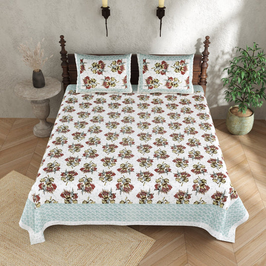 Green Coloured Cotton Hand Print Queen size Double Bed sheet with Pillow covers!!