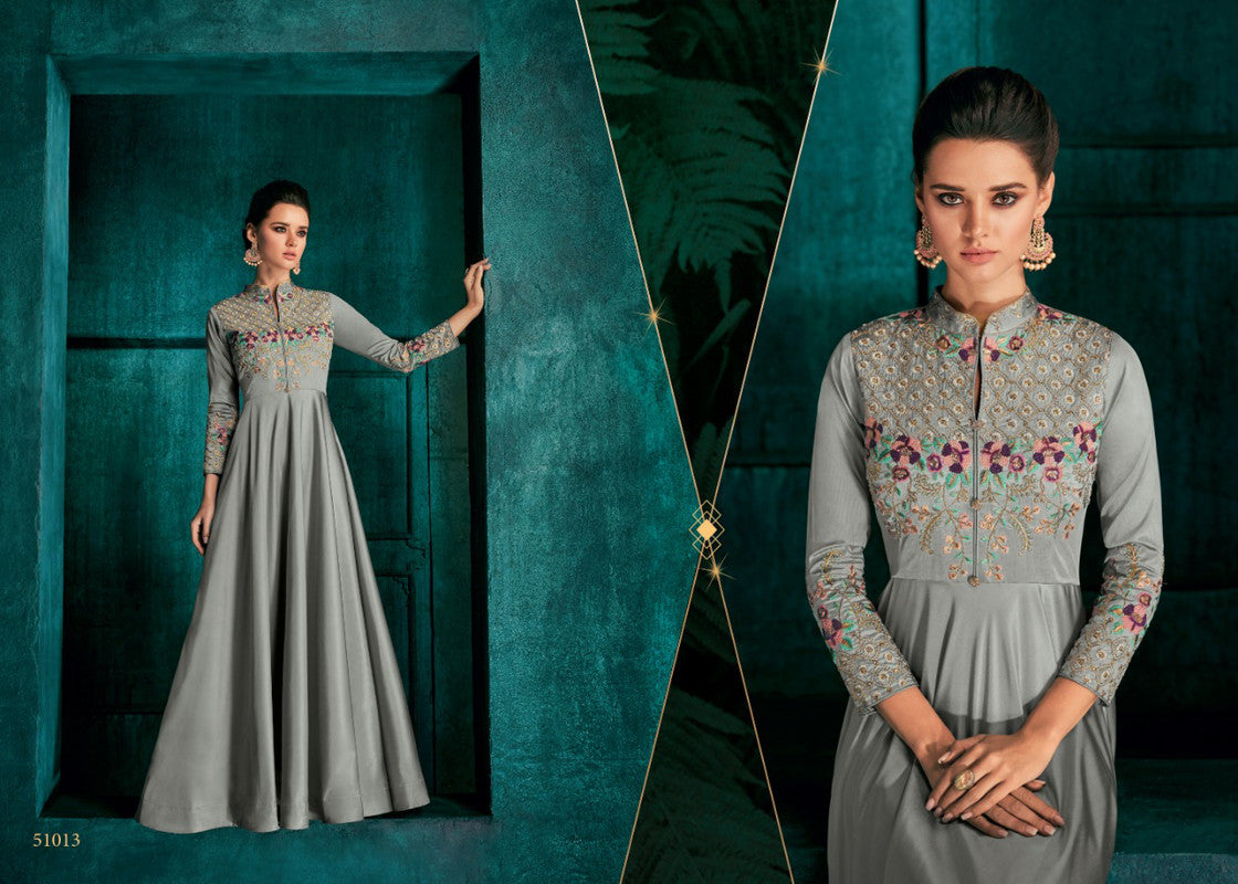 Light Grey Coloured Triva Silk with Heavy Embroidery work Party wear Gown!!