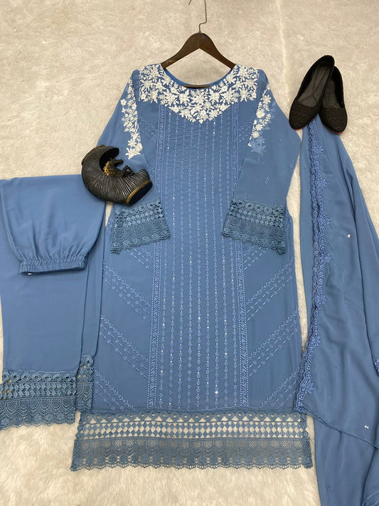 Blue Coloured Georgette with Sequence Embroidery Work Women Designer Party wear Fully Stitched Suit with Pant & Dupatta!!