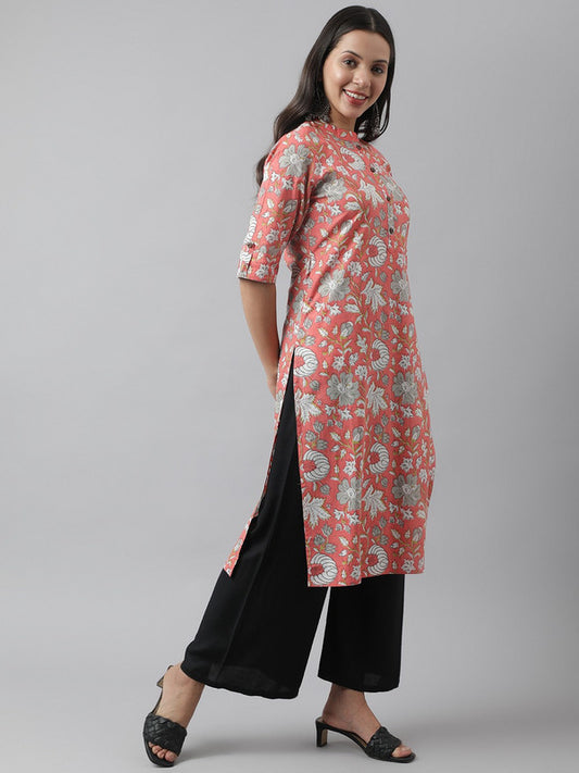 Pink & White Coloured Floral Printed Mandarin collar Roll-up Sleeves Women Designer Party/Daily wear Cotton Straight Shape Kurti!!
