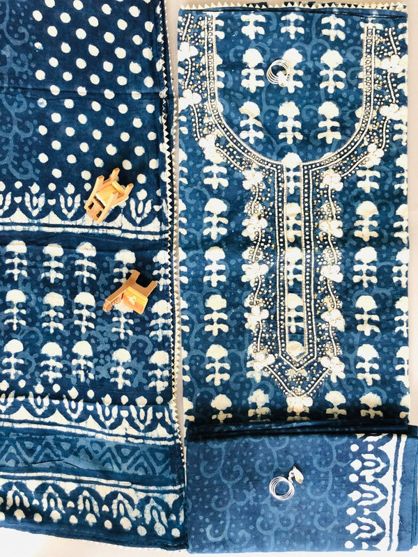 Blue & White Coloured Cotton Unstitched Hand Block Printed Women Party/Daily wear Dress Material Suit- Top with Bottom & Cotton Dupatta!!