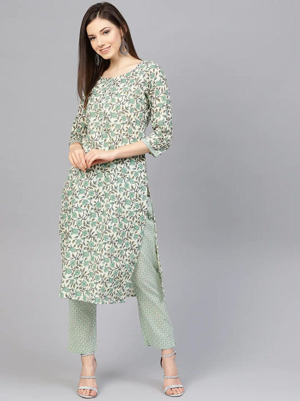 Beige & Green Coloured Pure Cotton with floral printed Women Designer Party wear Straight Line Kurti with Trousers!!