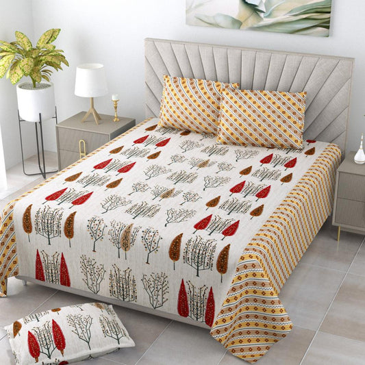 White & Yellow Coloured Pure Cotton Exclusive Hand Print Queen size Double Bed sheet with Pillow covers!!