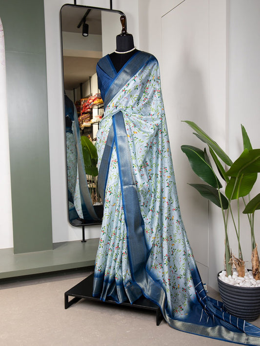 Sky Blue & Multi Coloured Dola Silk Printed with Weaving Zari Border Women Festival/Party wear Designer Dola Silk Saree with Blouse!!