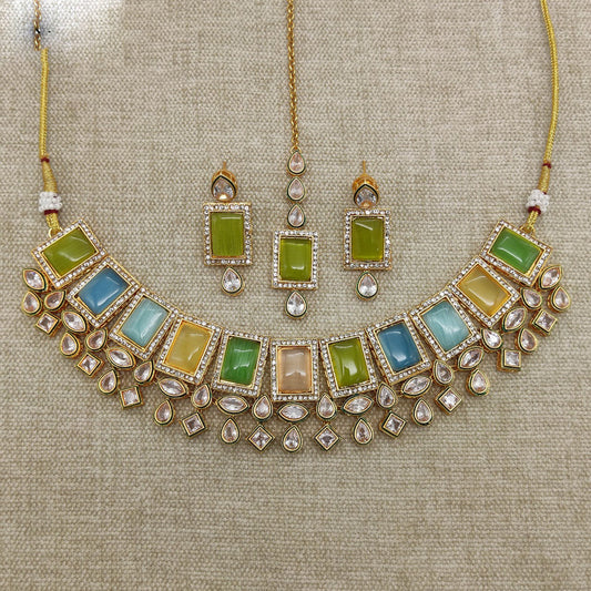 Exclusive Multi Gold Plating Kundan Jewellery Reverse AD Necklace set with Earrings & Matha Patti!!