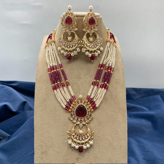 Beautiful Dark Pink & White Coloured Premium Quality Pure Brass Real Kundan Heavy Bridal Pearls mala set with earrings for Women!!