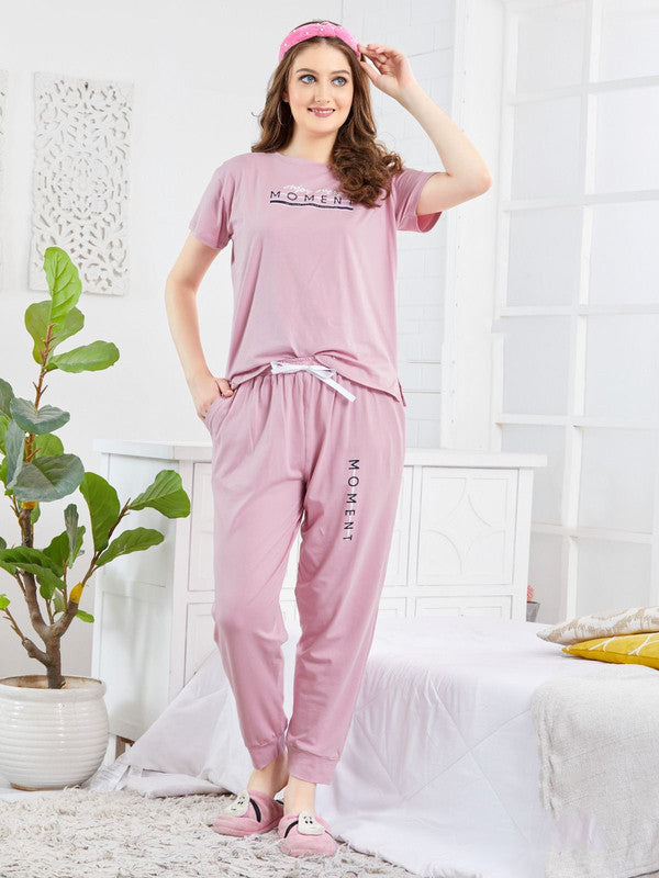 Light Pink Coloured Pure Lycra Cotton Embroidered Round Neck Short Sleeves Woman Designer Stylish Top & Pant Night suit!!