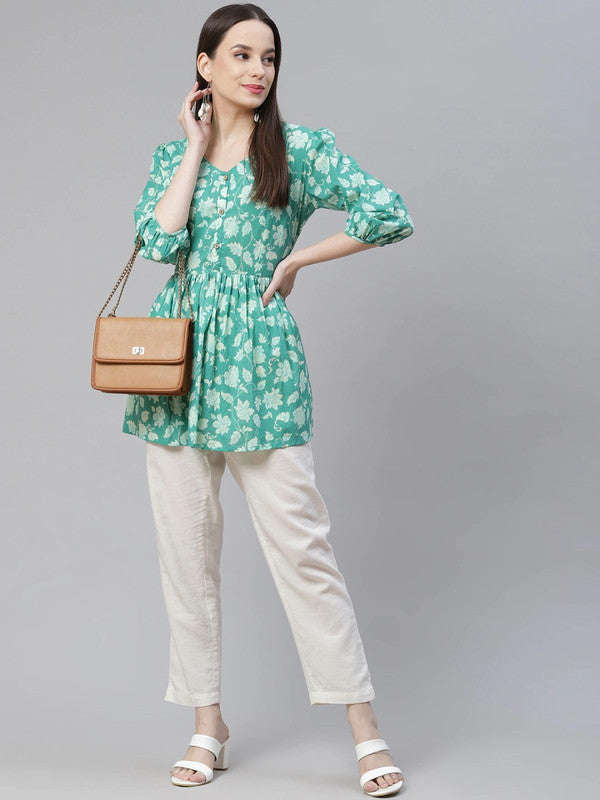 Sea Green & Off White Coloured Pure Cotton Floral Peplum Print Round Neck, Bell Sleeves Women Party/Daily wear Western Top!!