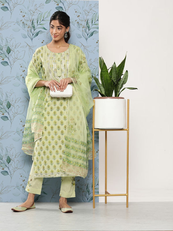 Pista Green Cotton Floral Printed Gotta Patti Straight shape Kurti with Trousers & Dupatta!!