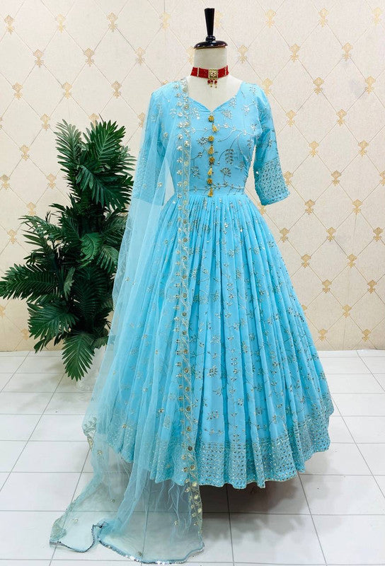 Blue Heavy Fox Georgette With Heavy 5mm Sequence Emrodery Work Party wear Gown with Dupatta & Bottom!!