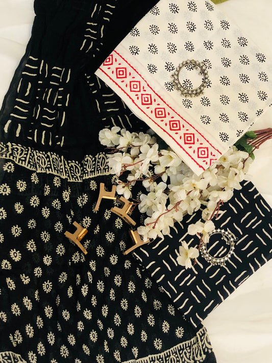 Beige & Black Coloured Unstitched Pure Cotton Exclusive Block Printed Women Party/Daily wear Dress Material Suit- Top with Bottom & Chiffon Dupatta!!