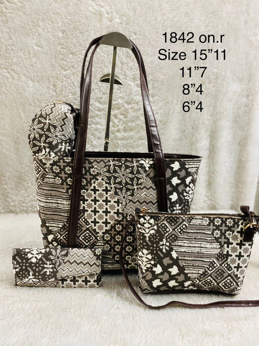 Brown & White Coloured Pure Cotton Printed Women Hand Bang- 4 PCS Combo( Tote Bag, Sling Bag, Envelop Purse & Key Pouch)!!