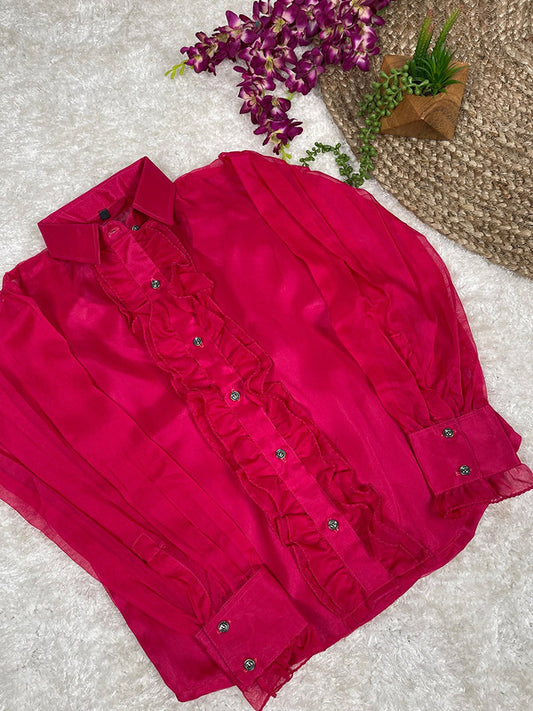 Red Coloured Premium Organza Silk with Plain Print & Full Sleeves Women Party/Daily wear Western Organza Shirt!!
