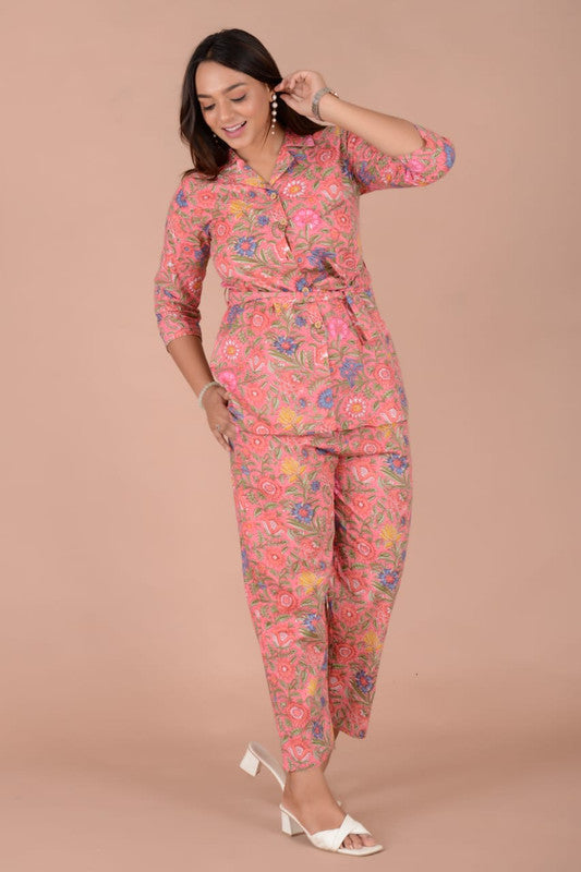 Pink & Multi Coloured Pure Cotton with Printed Collar Neck 3/4 Sleeves Women Party/Daily wear Western Co-Ord Set of 2 Pcs!!