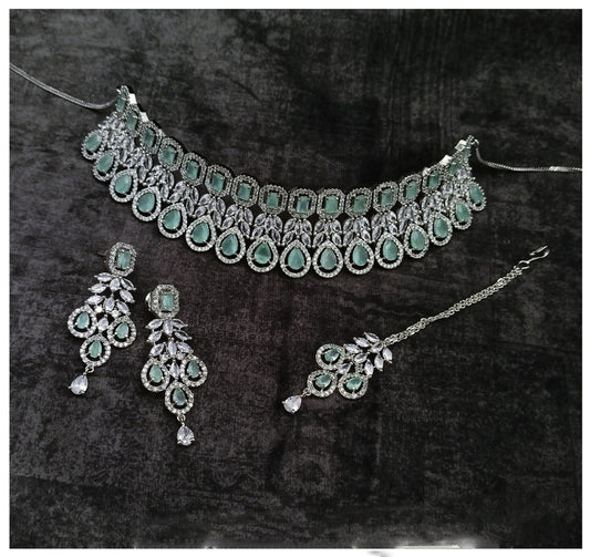 Light Green American Diamond ( AD) Party wear Necklace set with Earrings and matha Patti!!