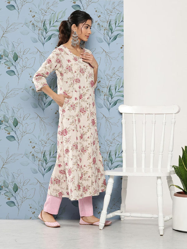 Off white Cotton Floral Printed A-line shape Kurti!!