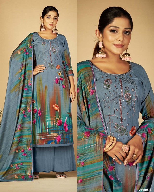 Grey Coloured Premium Soft Cotton Printed Embroidery Work & Swarovski work Top with Plazzo & Dupatta Set!!