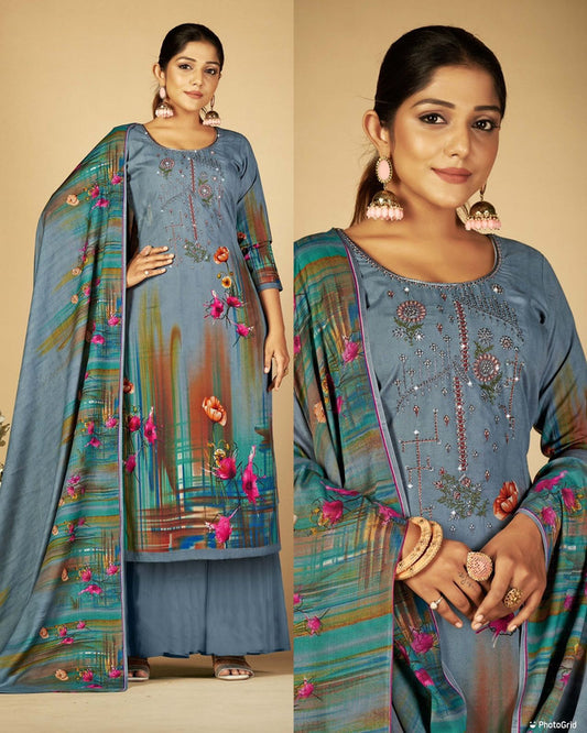 Grey Coloured Premium Soft Cotton Printed Embroidery Work & Swarovski work Top with Plazzo & Dupatta Set!!