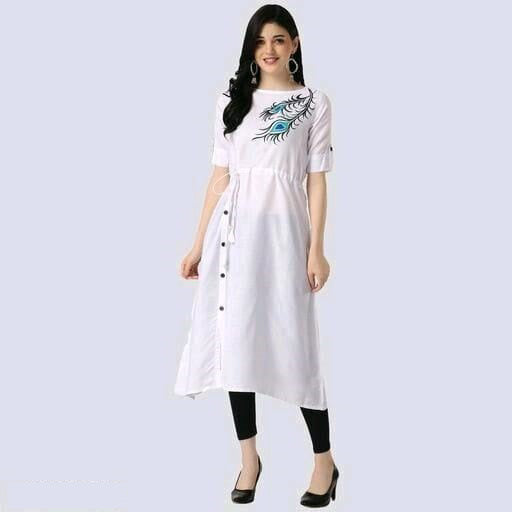 White Coloured Premium Rayon Peacock feather Print Women Designer Daily wear Kurti with Belt!!