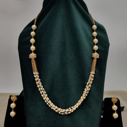 Beautiful Gold & White Coloured Premium Quality Pure Brass with Pearls Gold Plating Long Designer Mala Jewellery set with Earrings!!