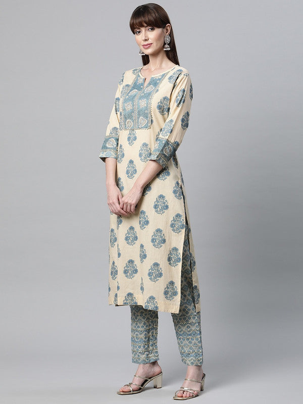 Beige Coloured Pure Cotton Floral Printed  Gotta Patti Straight shape Round neck 3/4Sleeves Women Designer Party/Daily wear Kurti with Trousers!!