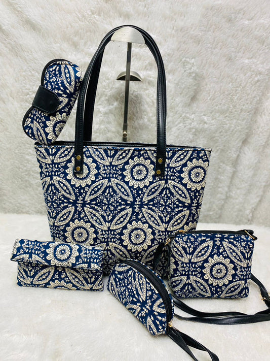 Blue & Off White Coloured Pure Cotton Hand Block Printed Single Partition Women Hand Bang ( 5 Pcs Combo)!!