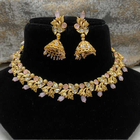 Gold & Pink Coloured Pure Brass Real Kundan Gold Plating with Pearls Women Choker set with Jhumka earrings!!