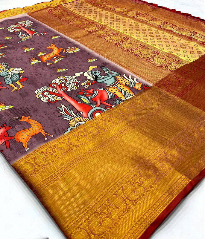 Lavender Coloured Kanjivaram Silk Zari weaving with Kalamkari Digital print & Rich Pallu Women Party wear Designer Silk Saree with Blouse!!