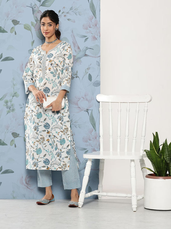 White & Green Pure Cotton Floral Printed Gotta Patti Straight shape Kurti with Trouser!!