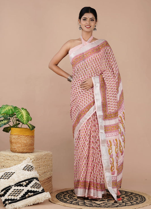 LINEN COTTON HAND PRINTED  SAREE WITH TAUSSAL